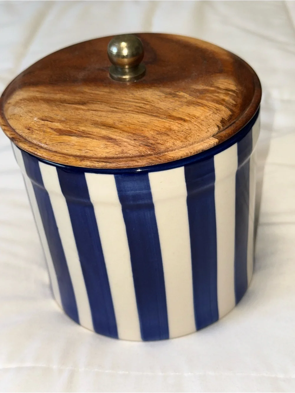 Ceramic Blue & White Striped Kitchen Canister with Wooden Lid. 6x5”